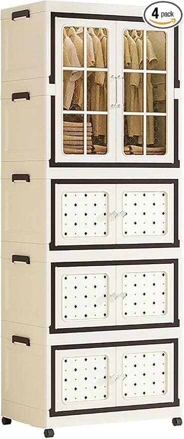 SunSettler Stackable Plastic Storage Cabinet, Collapsible Closet Organizer with Wheels