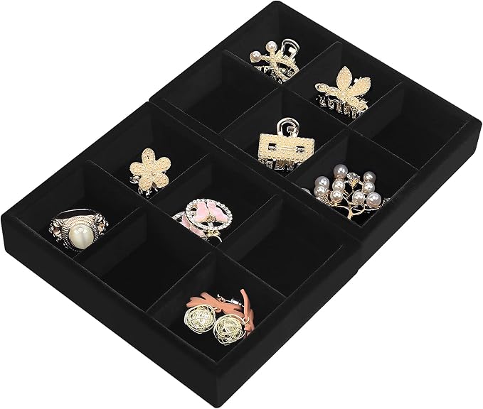 DesignSter Small Jewelry Tray-Ring Organizer 2PCS Premium Velvet Rings Earrings Display Tray Storage Insert Holder for Jewelry Box, Drawer, Dresser (6 Grids, Black)
