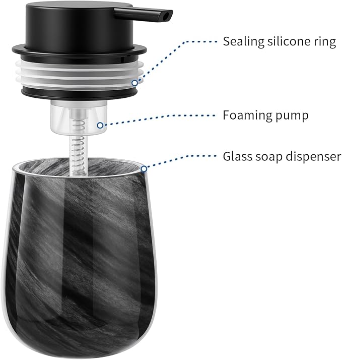 Marble Glass Foaming Hand Soap/Lotion Pump Dispenser, Refillable for Kitchen and Bathroom Countertop (Black)