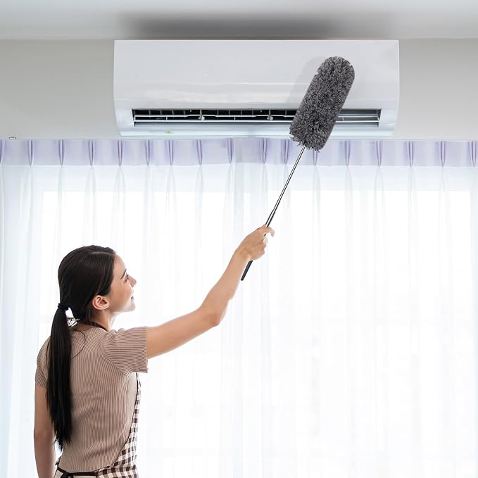 Tanlade 1 Pcs Microfiber Feather Duster for Cleaning, Extendable 13-31 Inch Ceiling Fan Duster with Bendable Head, Washable Tools for Ceiling Fans, Furniture, Car, Cobwebs (Gray)