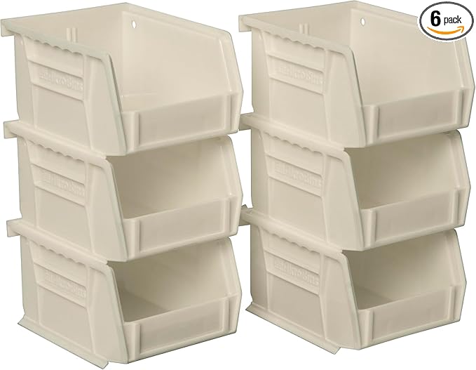 Akro-Mils 30210 AkroBins Plastic Storage Bins, Space-Saving Stackable Bins for Garage, Pantry, Craft Organization, 5" x 4" x 3", Stone, 6-Pack