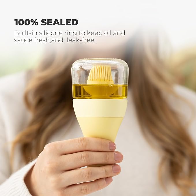 Zuutii Oil Dispenser with Silicone Brush for Cooking,Glass Oil Bottle with Heat Resistant Basting Brushes for Baking, Food Brush for Grilling, Butter, BBQ Sauce，Dishwasher Safe,4.4oz,Yellow