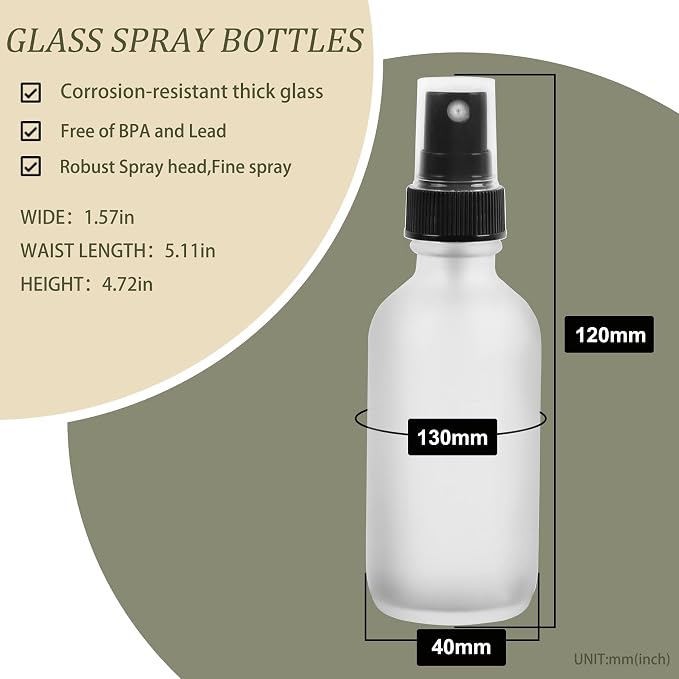 NOOEEISS Green Glass Small Spray Bottles 2 oz 24 Packs,Fine Mist Sprayer Pretty Finish,Refillable Containers mini spray bottles for Cleaning Solutions and Skin Care (Clear Frosted 24Pack)