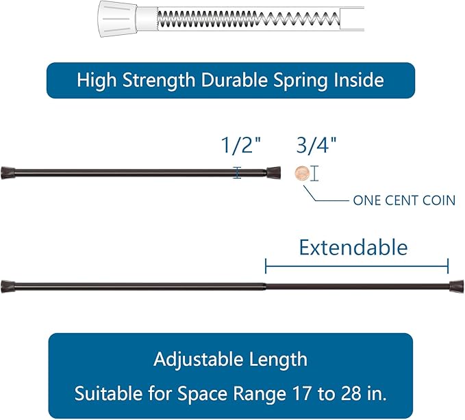 TYRON Curtain Tension Rod 17 to 28 Inch, Adjustable Spring Loaded Curtain Rod, Expandable Window Curtain Rod Tension for Kitchen, Wardrobe, Cupboard, Closet (Bronze, 2 Pack)