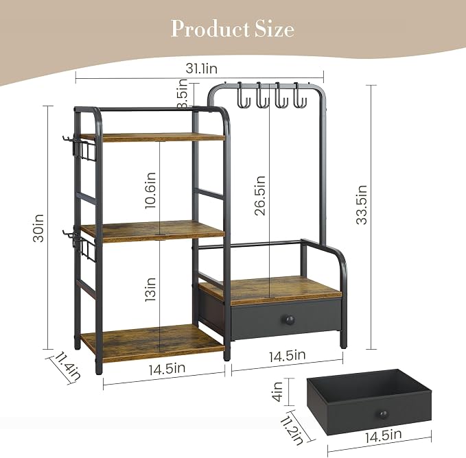 Purse Organizer for Closet, with Bottom Drawer, Extra Large Capacity 3 Tier Handbag Storage Rack for Women, 10 Purse Hanger and Hooks for Bag Organizer, Floor-Standing, Home, Living Room (Black)