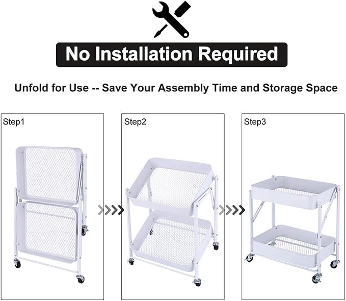 Melody House 2-Tier Metal Folding Rolling Cart, Mobile Utility Cart Trolley Storage Organizer for Office Home Kitchen Organization, Sofa Side End Table with Wheels, White