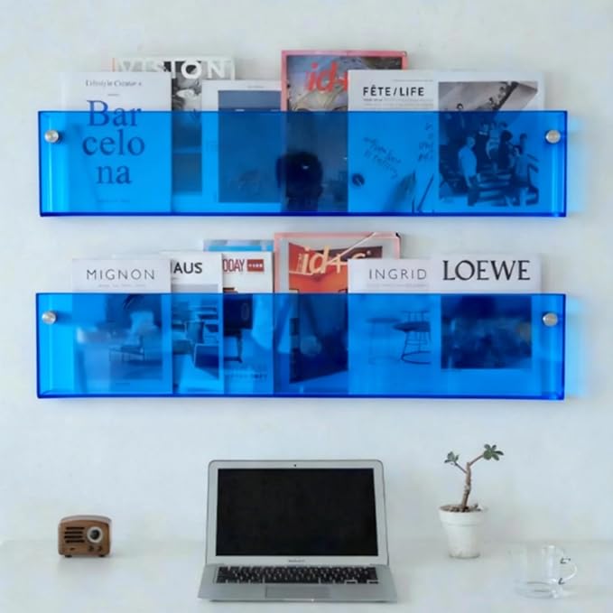 ROYALITA 2-Pack Acrylic Magazine Holder Brochure Holder, Blue 36 Inch | Record Magazine Rack, Fashion Floating Bookshelf, Literature Storage Rack for Waiting Room, Living Room, Office