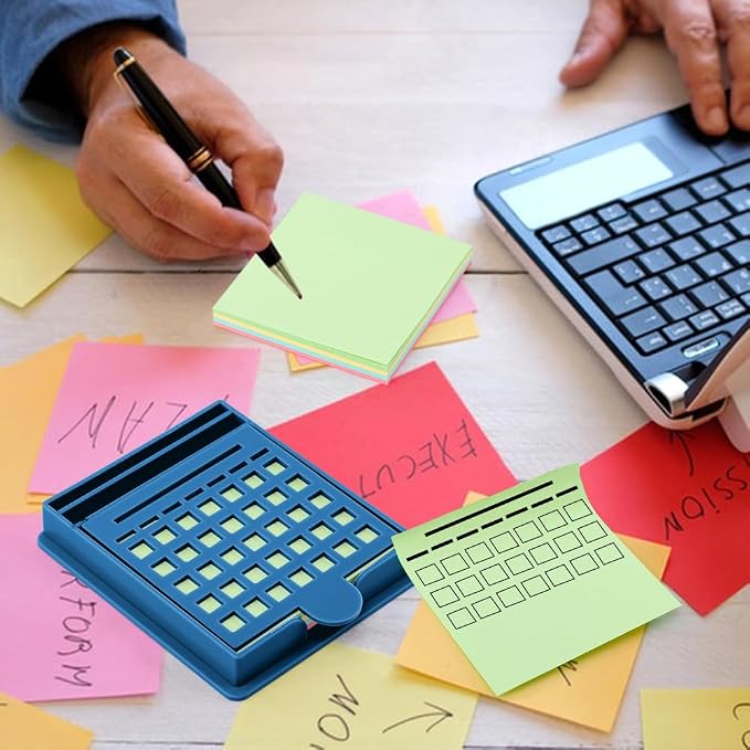 Sticky Note Holder with 5 Different Stencil & 100 Sheet Post It Notes, 3x3 inch Sticky Pads Dispenser with Line Box Drawing Template for Office and Home(COLOR:blue)