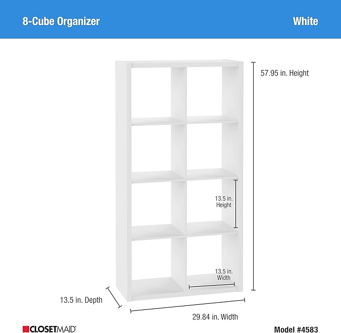 ClosetMaid 4583 Heavy Duty Decorative Bookcase Open Back 8-Cube Storage Organizer in White with Hardware for Closet, Office, or Toys, 57.95" H x 29.84" W
