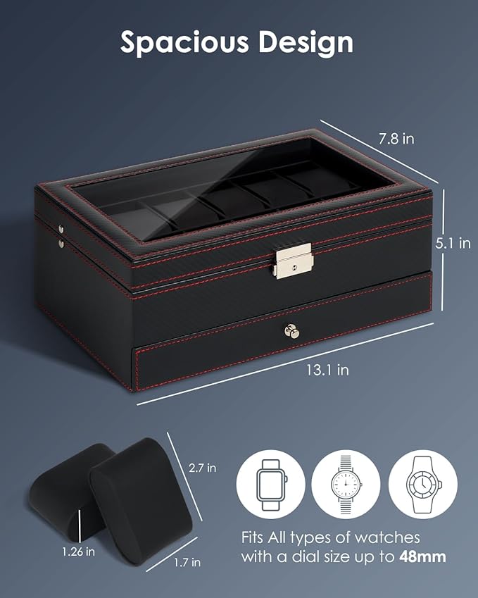 Kukikan Watch Box Jewelry Organizer, 12-Slot 2-Layer Watch Case Storage with Large Glass Lid, Watch Storage Case with Lock, Watch Holder Display Case, Fathers Day Gift for Dad