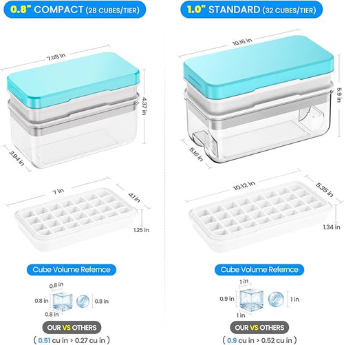 0.8“ Ice Cube Tray with Lid and Bin, PHINOX 84 Cubes Ice Trays for Freezer, Ice Cube Trays for Freezer with 3 trays, Container, Lid & Ice Scoop, BPA Free, Blue(28Cubes/Tier)