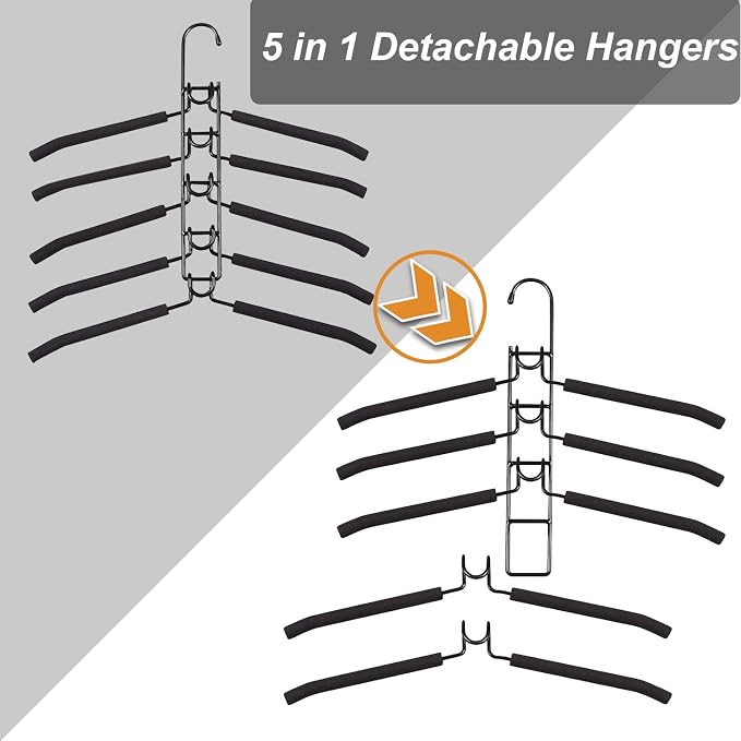 Space Saving Hangers for Clothes 4 Pack Closet Storage | Heavy Duty Non-slip Foam Padded, 5 Layer Detachable Hanger. Fits Shirts, Coats, Suits. Perfect Storage for Dorms & Apartments