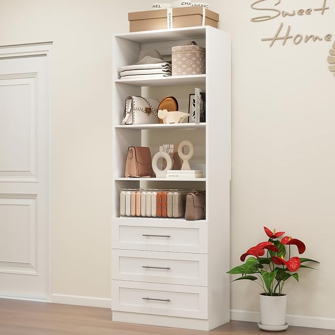 Closet Organizer System with Drawers Wood Closet Shelving System Small Walk in Closet Standalone Corner Closets Storage with Hanging Rods White (2FT)
