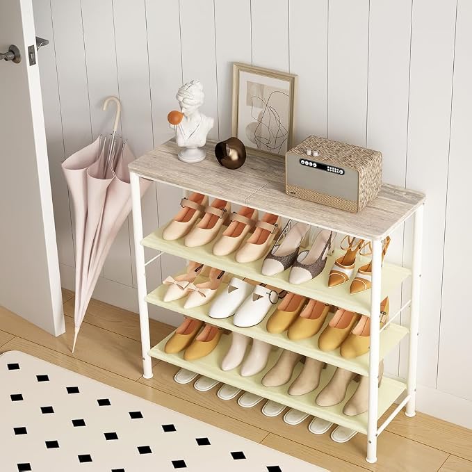 INGIORDAR Shoe Rack Storage Organizer with MDF Board Layer Fabric 6 Tier | Metal space-saving Shoe Shelf stores 16 Pairs of Shoes for Closet Entryway Bedroom Living Room Garage White