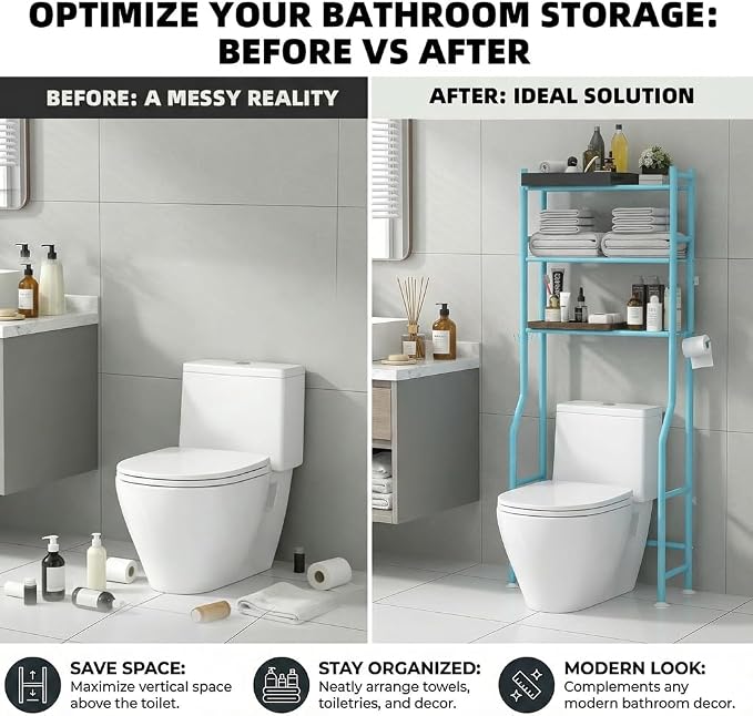 GloTika 3-Tier Over Toilet Storage with Anti-Tilt Safety System - 150lb Total Capacity Metal Bathroom Shelves Including Paper Holder & 4 Hooks, Space Saving Above Commode Organizer (64" H, Blue)