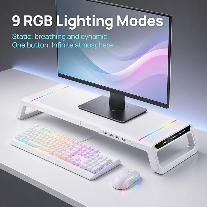 Monitor Stand Riser for Desk, Foldable Computer Monitor & Laptop Stand with Drawer, 4 USB 2.0 Ports, RGB Lighting, Phone & Tablet Holder, 72 lb Capacity (White)