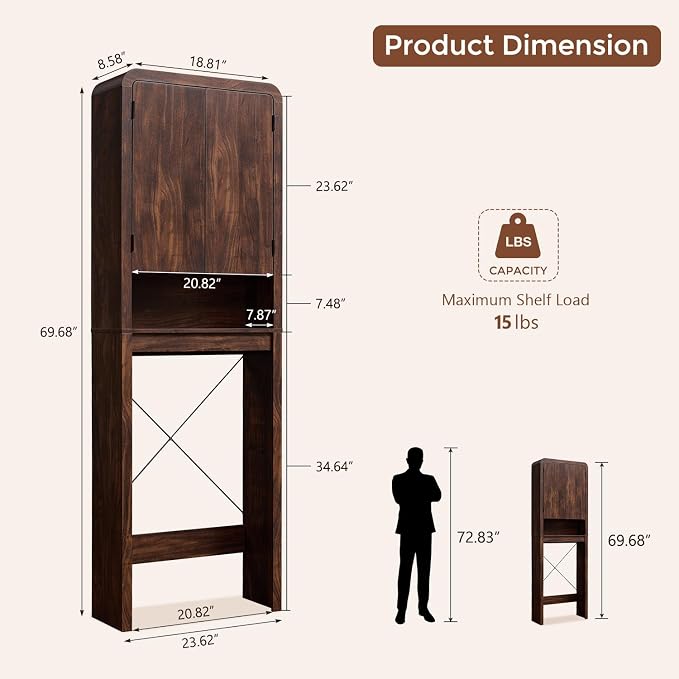 Over the Toilet Storage Cabinet, 69.69" Curved Bathroom Storage Organizer Cabinet with Doors and Adjustable Shelves, Wooden Free Standing Toilet Space Saver Rack, Brown