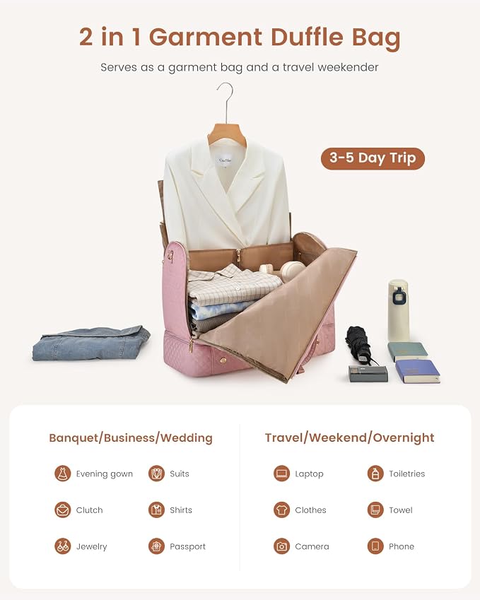 LOVEVOOK Convertible Garment Bag for Travel with Shoe Pouch, Carry On Garment Duffel Bag with Toiletry Bag, 2 in 1 Hanging Suitcase Suit Bag, Weekender Bag for Women Travel, Wedding, Pink