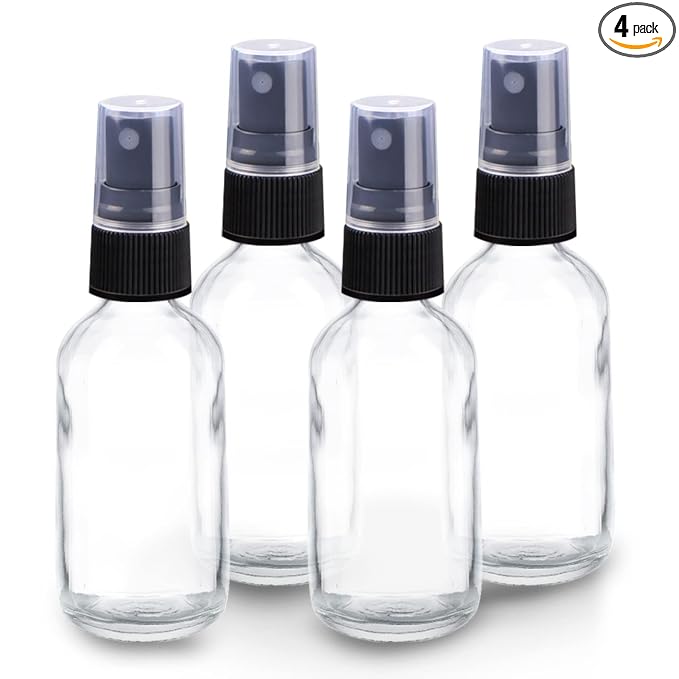 Wedama 2 oz Mini Glass Spray Bottles, Empty Small Spray Bottles with Funnel Dropper, Fine Mist for Hair, Travel, Plants, Cleaning Solutions and Skin Care (4 Pack Clear)
