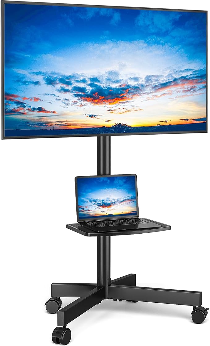 Rfiver Mobile TV Stand for 23-65 Inch LCD LED Flat/Curved Panel Screen TVs up to 88 lbs, Rolling TV Stand with Adjustable Shelf & Tilt, Portable Floor Stand on Wheels for Bedroom, Living Room, Office