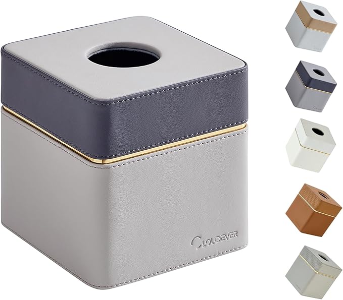 Tissue Box Holder Cover Square, Modern PU Leather Decorative Tissue Cube Holder Organizer - Moon Grey
