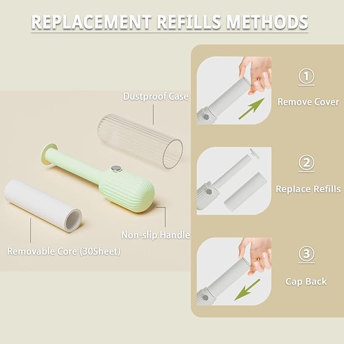 Compact Lint Remover with 150 Sheets, 1 Roller + 4 Refills, Green | Mini Size & Easy Carry, Protective Cover, Multi-Surface Pet Hair Removal for Clothes, Home & Travel Ready