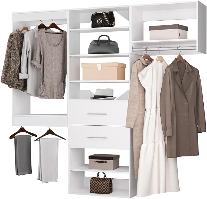 ROOMTEC Modular Closet System, 102" Wall Mounted Modern Closet Organizer with Hanging Rods and Drawers, Wooden Tower for Walk-In Closets, Wardrobe Storage Kit, White