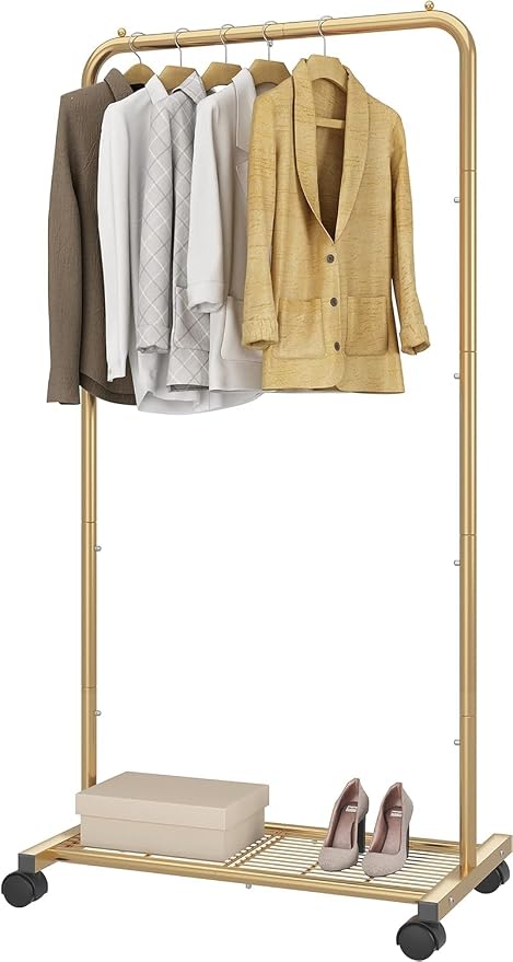 Simple Trending Clothes Garment Rack, Clothing Rack, Golden Yellow | Commercial Portable Closet with Mesh Storage Shelf, Anti-Slip Stoppers, 360° Wheels, Bedroom, Laundry Room