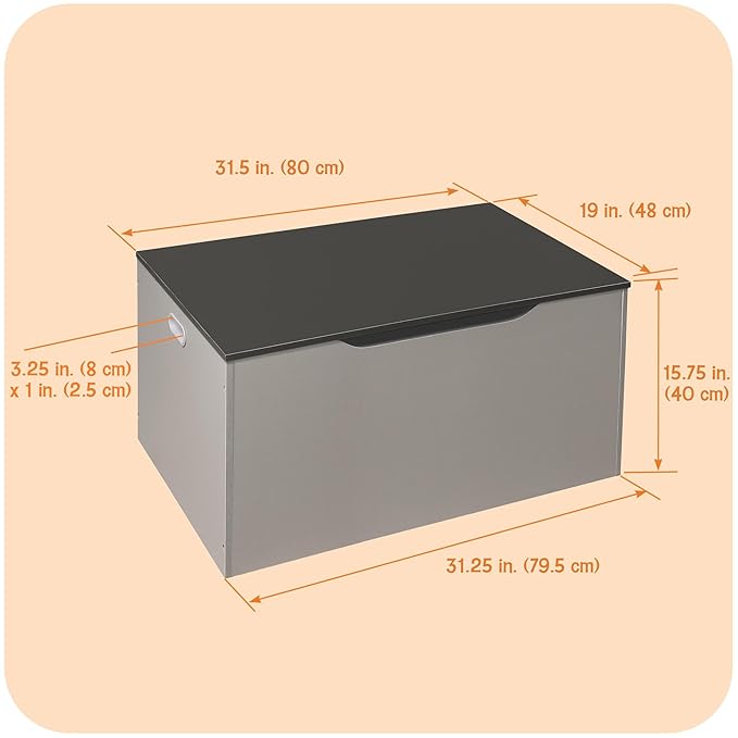 Badger Basket Flat-Top Toy Storage Chest in Grey with Charcoal Lid– Spacious, Safe Toy Box with Dual Safety Hinges and Anti-Pinch Slot