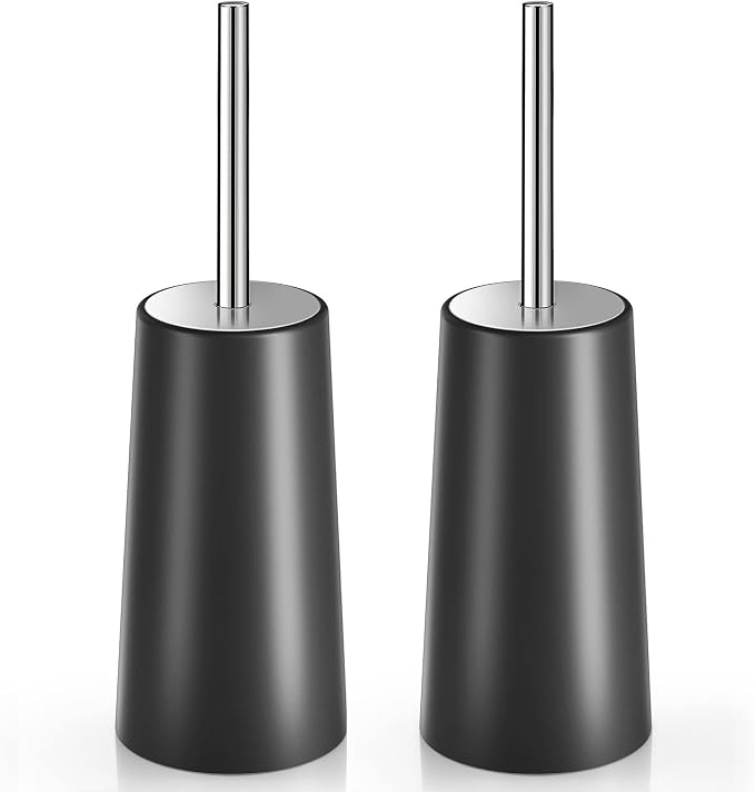Toilet Brush and Holder, 2 Pack Toilet Brush with 304 Stainless Steel Long Handle, Toilet Bowl Brush for Bathroom Toilet-Ergonomic, Elegant,Durable (Black)