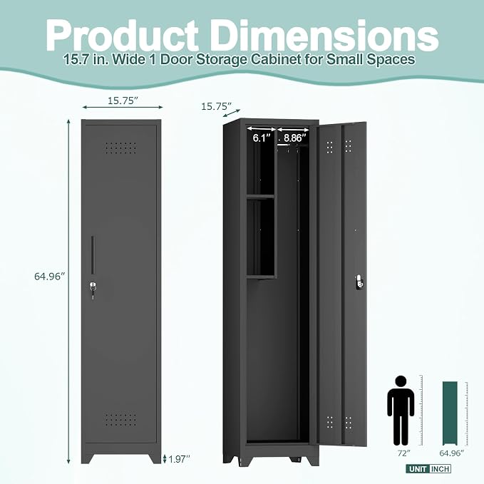Slim Cabinet for Small Spaces, Metal Bathroom Storage Cabinet with Shelves, Hooks, Narrow Locking Cabinets with 2 Keys, 65” H Tall Storage for Home Office, Living Room, Dining Room, Black