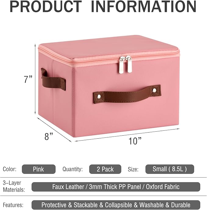 2PCS Storage Bins with Zippered Lid Decorative PU Leather Boxes | Foldable Washable Stackable Basket Container, Lidded Shelf Closet Organizer, with Handles & PP Plastic Boards, Pink-Small
