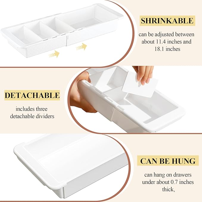 5 Pcs Expandable Drawer Organizer Bins Adjustable Deep Drawer Hanging Organizer Tray Expandable 11.4 to 18.1 Inches Plastic Dividers Storage for Office Bathroom Bedroom Kitchen Desk, White