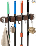 Suction Cup No Drilling Broom Holder Wall Mount, Walnut Color Mop Organizer Wall Hanging, 4 Racks 5 Hooks Tool Organizer Hanger Self Adhesive for Home, Garage, Garden, Laundry, Kitchen