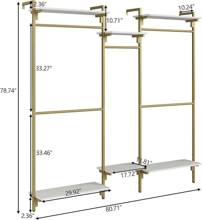 White/Gold Wall Mount Clothes Rack with 5 Hanging Rods, Clothing Rack with 6-Tier Storage Shelves, Closet Storage Organizer System Kit, Heavy Duty Garment Rack with Metal Frames (80.71" L*78.74" H)
