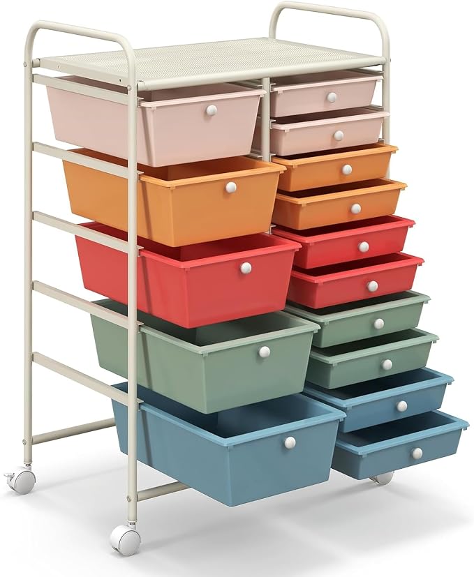 LUARANE Rolling Cart with 15 Drawers, Craft Storage Cart with Portable Handles & Lockable Wheels, Mobile Toys Organizer, Large Capacity Utility Drawer Cart Home Office School Teacher (Macaron)