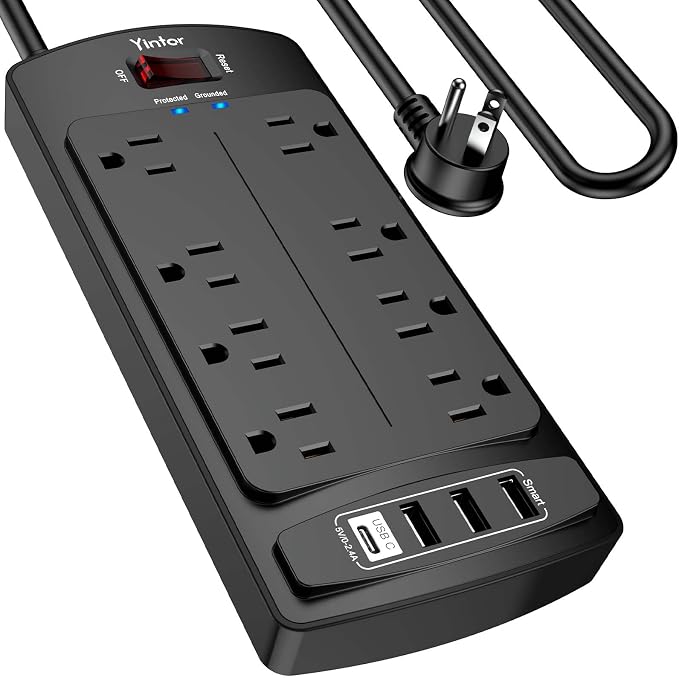 Surge Protector Power Strip, Yintar 10 Feet Flat Plug Extension Cord with 8 AC Outlets and 4 USB Ports, 2700 Joules, ETL Listed, Black