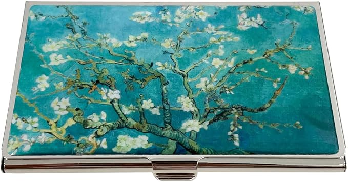 Mother of Pearl Business Card Case Credit Id Name Holder Travel Wallet Art Painting Design Metal Stainless Steel Engraved Slim Purse Pocket Cash Money Wallet (Almond Blossom)