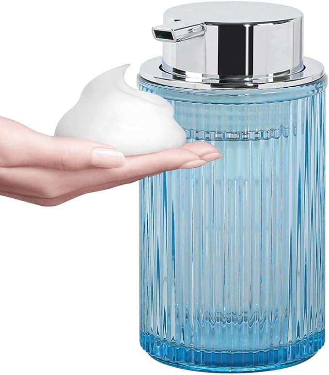 Foaming Soap Dispenser, Bathroom Blue Glass Foam Soap Dispenser, Refillable 12 Oz Foam Pump Bottle Container with Pump, Decorative Slim Ribbed Dish Soap Dispenser for Kitchen