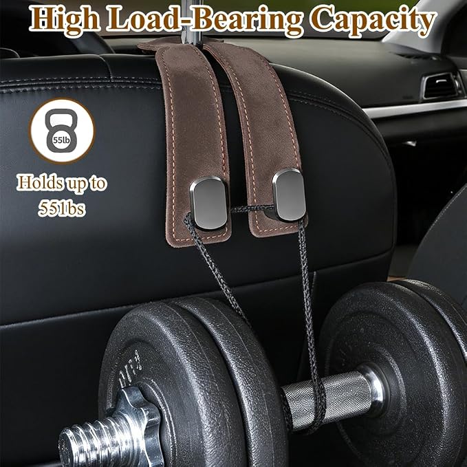 2-Pack Car Hanging Hooks for Car Seat Back & Glove Box, Brown | Dual-Use Purses & Bags Hanger for Car With Metal Hooks - Keep Floor & Seats Clutter-Free, Car Interior Organizer Accessories
