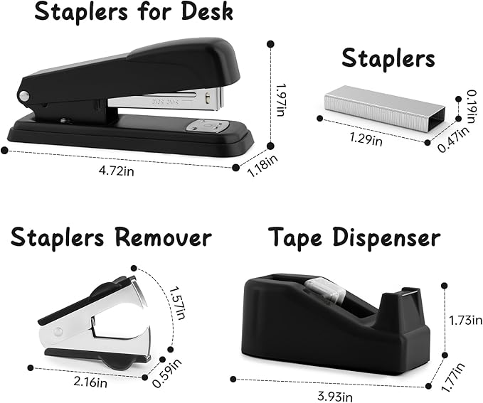 Black Office Supplies for Kids, Black Desk Accessories, Stapler and Tape Dispenser Set for Kids, Women, Office Gift for Women, Boss Lady, Office Lady, Coworkers, Office Clerks, School Kids