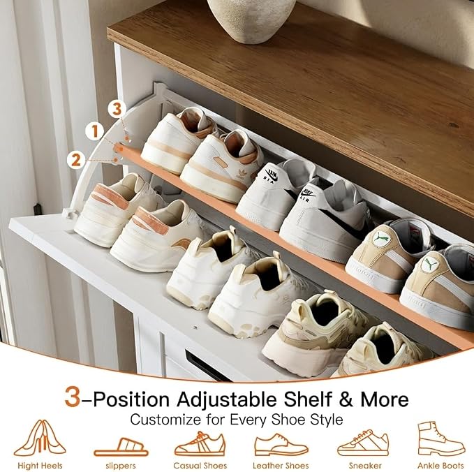 Nicetree Shoe Storage Cabinet for Entryway, Freestanding Fluted Accent Ultra Slim Shoe Cabinet with 3 Flip Drawers, Farmhouse Shoe Rack with 3-Tier Adjustable Shelves for Hallway Foyer Rustic-White