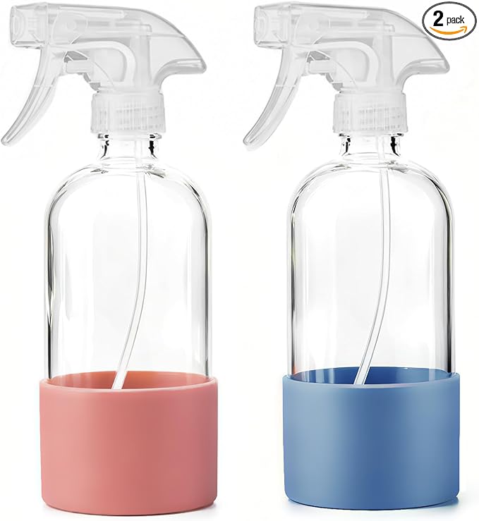 Glass Spray Bottles (2-Pack) with Silicone Sleeve - 16oz Empty Refillable Bottles - Adjustable Nozzle for Hair, Plants, Cleaning & DIY Solutions - Blue & Grey (pink+Blue)