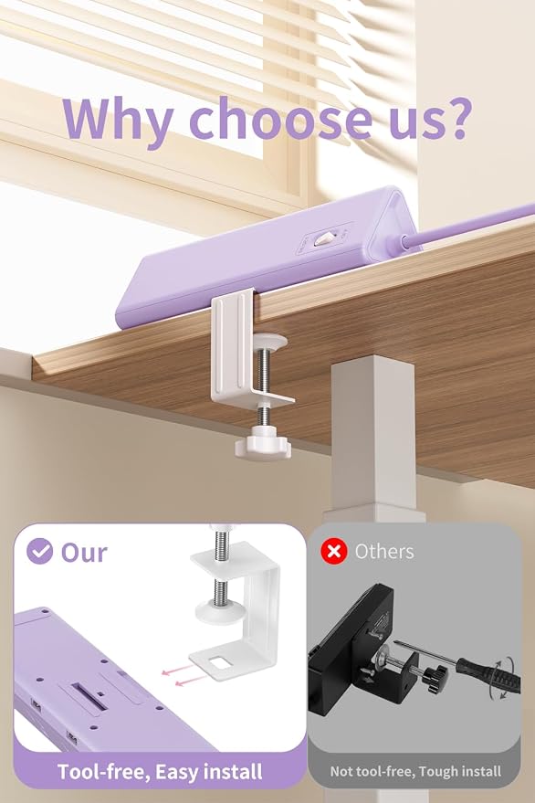 6.5 FT Desk Clamp Power Strip with 5 AC Outlets & 6 USB Ports PD 40W USB-C Fast Charging, Extension Cord with Multiple Outlets, Fits 2.1 in top Edge Purple
