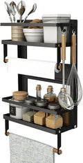 EASTTOWEST Magnetic Spice Rack,4 Tier Kitchen Magnetic Shelf for Refrigerator Fridge Organizer with 2 Paper Towel Holders and 5 Removable Hooks,Matte Black
