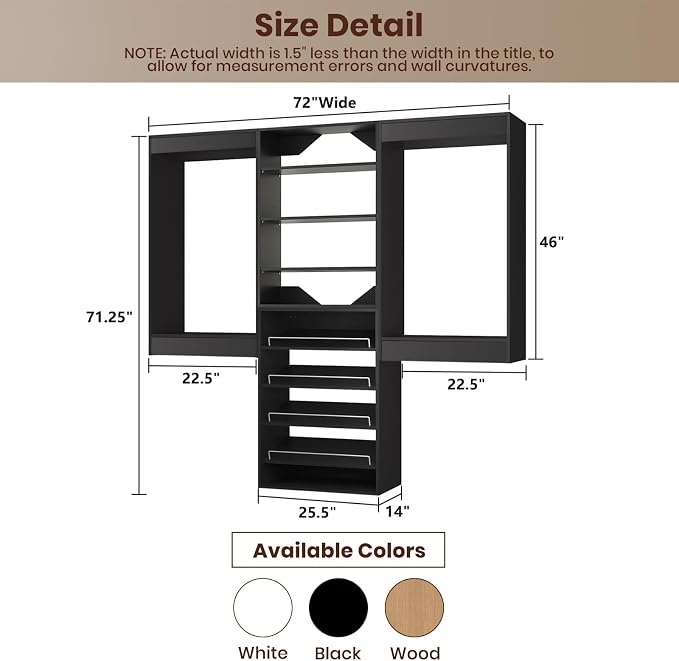 ROOMTEC Modular Closet System, 72" Wall Mounted Closet Organizer with Hanging Rods and Shoe Shelf, Wooden Tower for Walk-In Closets, Wardrobe Storage Kit, Black