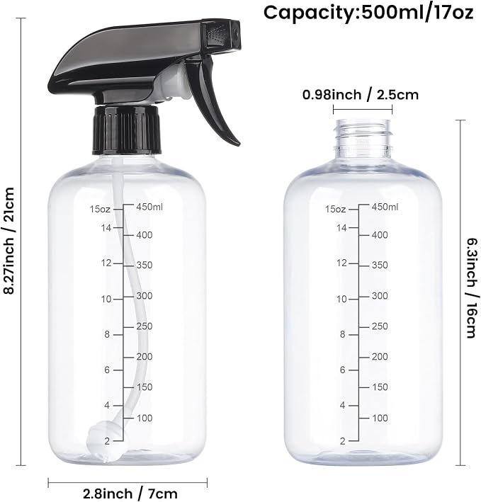 360° Spray Bottles 2 Pack 17oz Plastic Water Sprayer Small Squirt Bottle | Empty Water Spray Bottle Fine Mist Upside Down Containers with Adjustable Nozzle BPA Free for Hair Cleaning Cooking Plant Pet