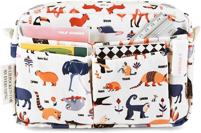 E-WEICHEN Multiple Pockets Portfolio Organizer with Zippered, Makeup Bag Travel Essentials for Women, Simple Waterproof Stationery Pencil Pouch Bag for Journal Office Art Supplies.White Zoo