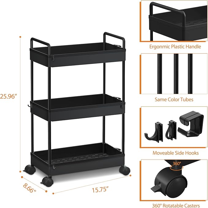Ronlap 3 Tier Slim Rolling Storage Cart with Wheels Utility Organizer,Black | For bathroom, laundry, kitchen, bedside & dorm. Fits art, craft, snack, makeup, nail, diaper & postpartum baby supplies