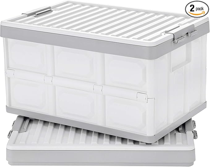 Collapsible Storage Bins with Lids 30L, Folding Plastic Stackable Utility Crates 2-Pack, Durable Containers for Home & Garage Organization - Oyster White
